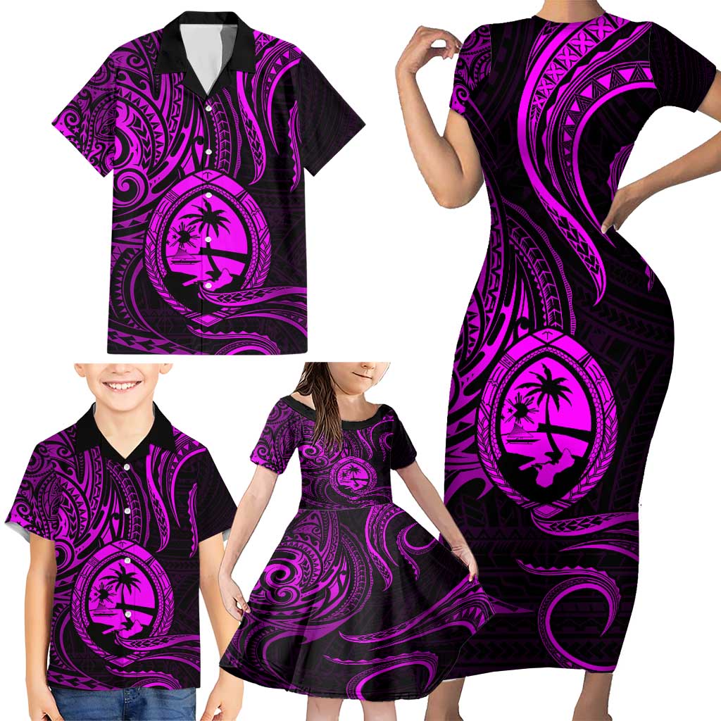 Polynesian Guam Coat of Arms Family Matching Short Sleeve Bodycon Dress and Hawaiian Shirt Polynesian Tribal Tattoo Purple Version LT9 - Polynesian Pride