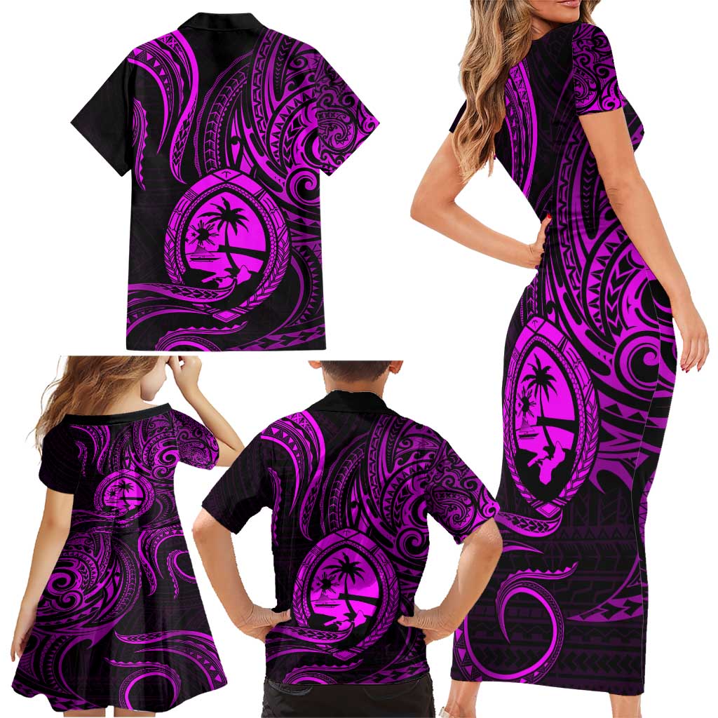 Polynesian Guam Coat of Arms Family Matching Short Sleeve Bodycon Dress and Hawaiian Shirt Polynesian Tribal Tattoo Purple Version LT9 - Polynesian Pride