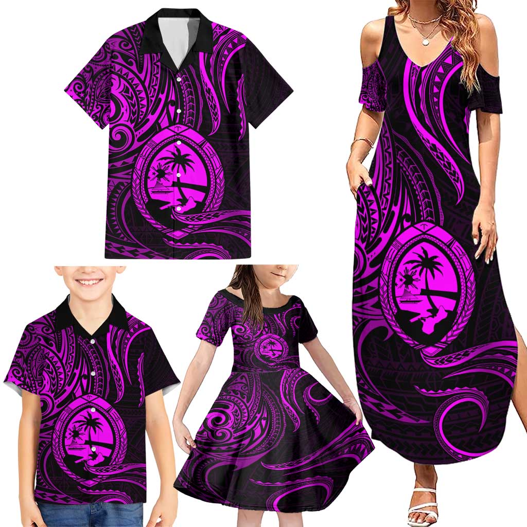 Polynesian Guam Coat of Arms Family Matching Summer Maxi Dress and Hawaiian Shirt Polynesian Tribal Tattoo Purple Version LT9 - Polynesian Pride