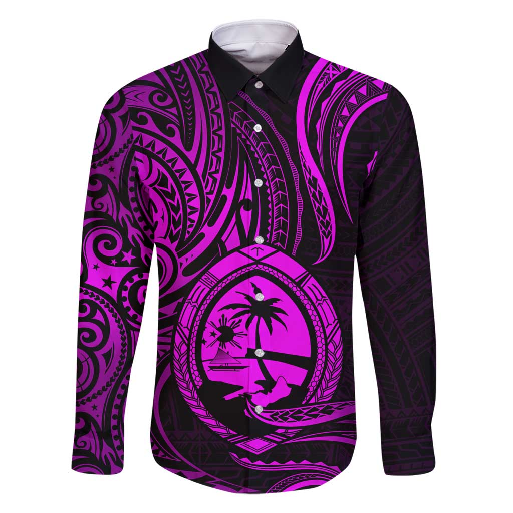 Polynesian Guam Coat of Arms Family Matching Summer Maxi Dress and Hawaiian Shirt Polynesian Tribal Tattoo Purple Version LT9 Dad's Shirt - Long Sleeve Purple - Polynesian Pride
