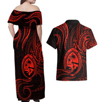 Polynesian Guam Coat of Arms Couples Matching Off Shoulder Maxi Dress and Hawaiian Shirt Polynesian Tribal Tattoo Red Version LT9 - Polynesian Pride
