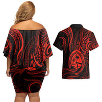 Polynesian Guam Coat of Arms Couples Matching Off Shoulder Short Dress and Hawaiian Shirt Polynesian Tribal Tattoo Red Version LT9 - Polynesian Pride