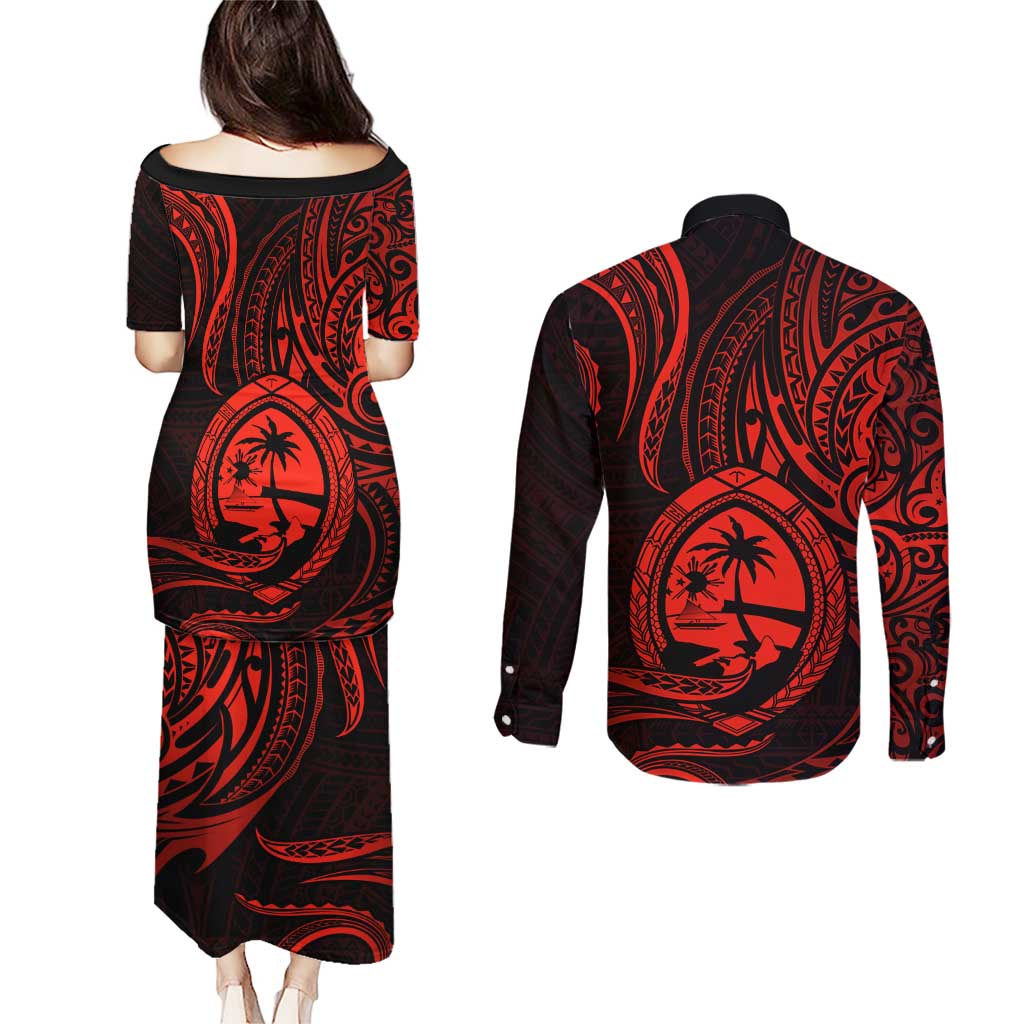 Polynesian Guam Coat of Arms Couples Matching Puletasi and Long Sleeve Button Shirt Polynesian Tribal Tattoo Red Version