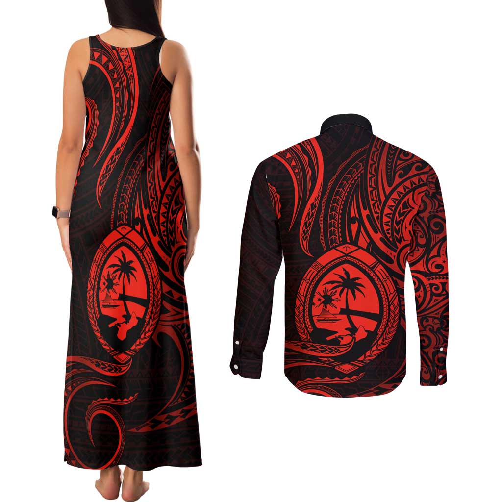Polynesian Guam Coat of Arms Couples Matching Tank Maxi Dress and Long Sleeve Button Shirt Polynesian Tribal Tattoo Red Version