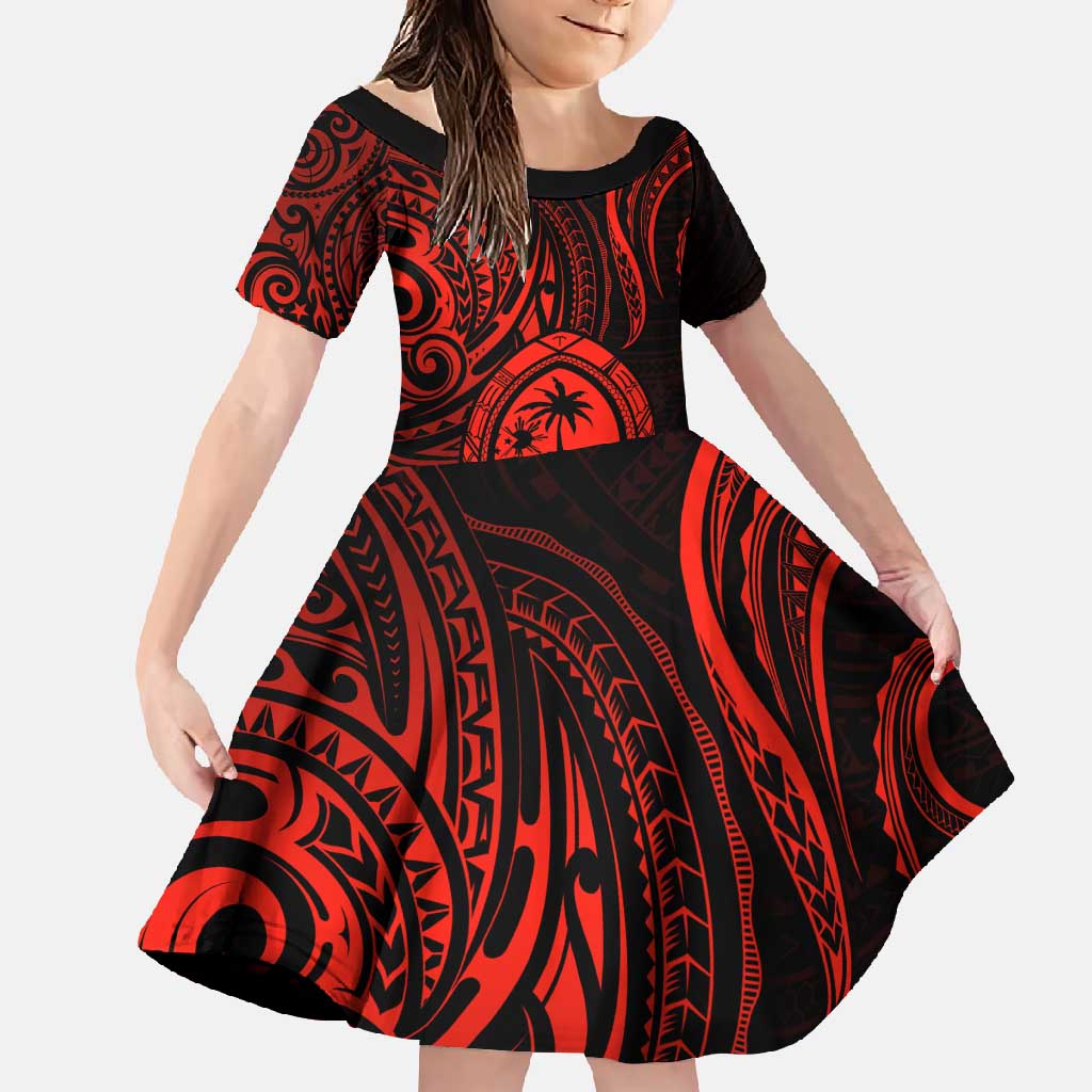 Polynesian Guam Coat of Arms Family Matching Long Sleeve Bodycon Dress and Hawaiian Shirt Polynesian Tribal Tattoo Red Version LT9 Daughter's Dress Red - Polynesian Pride