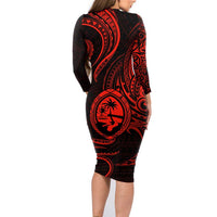 Polynesian Guam Coat of Arms Family Matching Long Sleeve Bodycon Dress and Hawaiian Shirt Polynesian Tribal Tattoo Red Version LT9 - Polynesian Pride