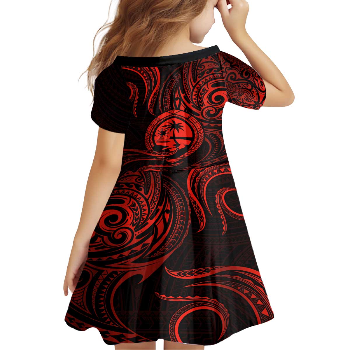 Polynesian Guam Coat of Arms Family Matching Off The Shoulder Long Sleeve Dress and Hawaiian Shirt Polynesian Tribal Tattoo Red Version LT9 - Polynesian Pride