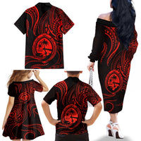 Polynesian Guam Coat of Arms Family Matching Off The Shoulder Long Sleeve Dress and Hawaiian Shirt Polynesian Tribal Tattoo Red Version LT9 - Polynesian Pride