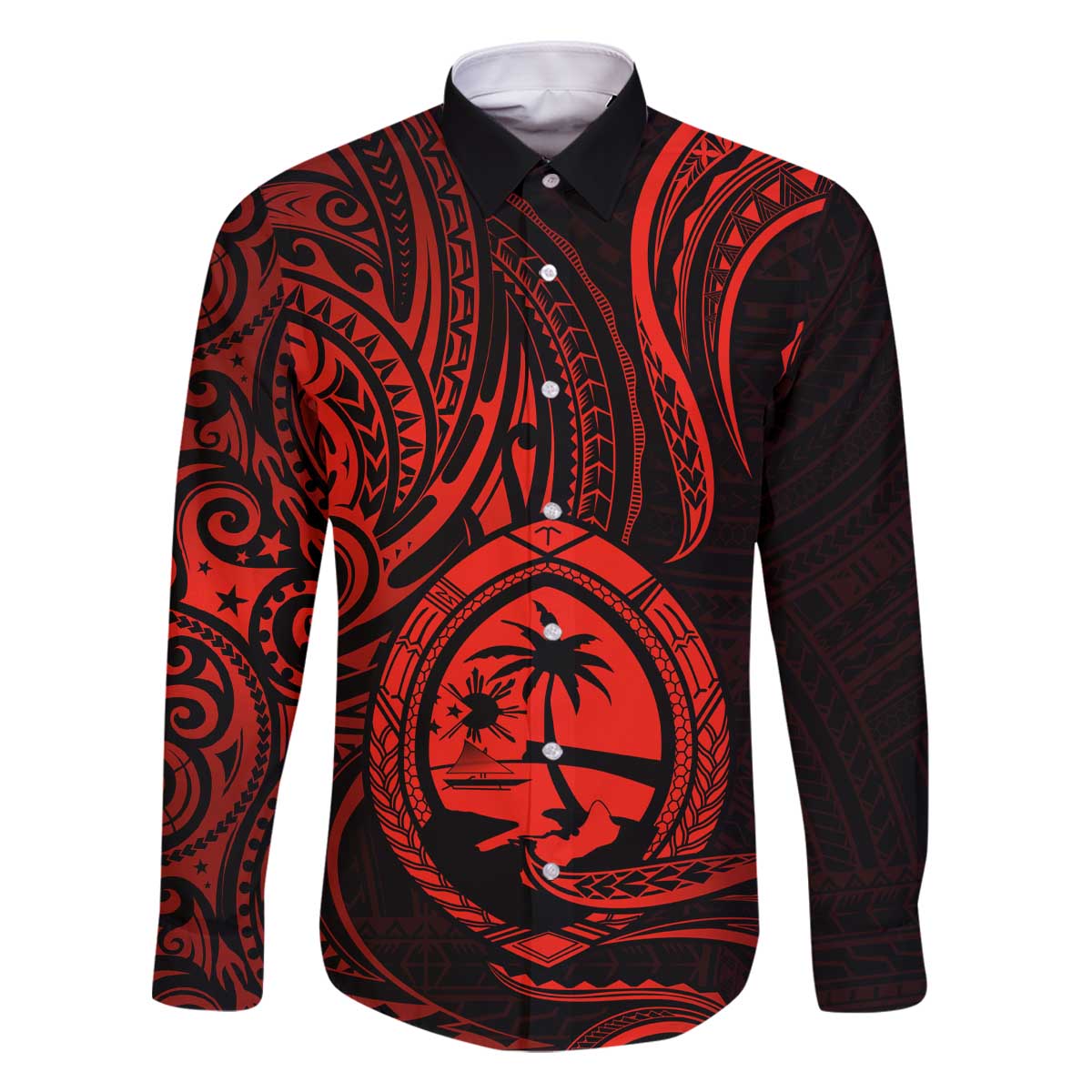 Polynesian Guam Coat of Arms Family Matching Off The Shoulder Long Sleeve Dress and Hawaiian Shirt Polynesian Tribal Tattoo Red Version LT9 Dad's Shirt - Long Sleeve Red - Polynesian Pride