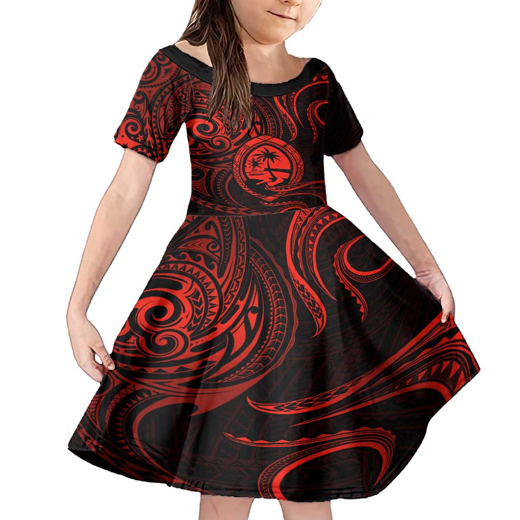 Polynesian Guam Coat of Arms Family Matching Off Shoulder Maxi Dress and Hawaiian Shirt Polynesian Tribal Tattoo Red Version LT9 Daughter's Dress Red - Polynesian Pride
