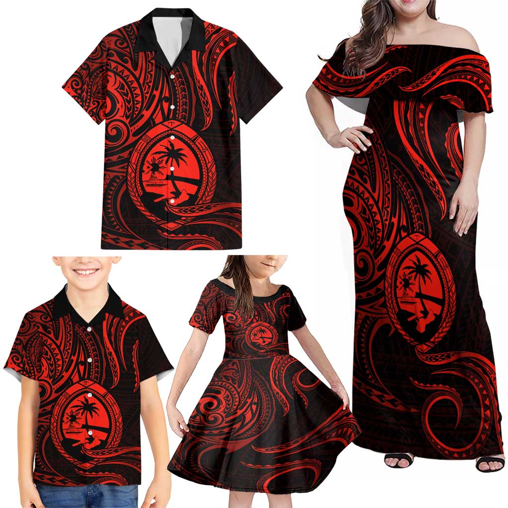 Polynesian Guam Coat of Arms Family Matching Off Shoulder Maxi Dress and Hawaiian Shirt Polynesian Tribal Tattoo Red Version LT9 - Polynesian Pride