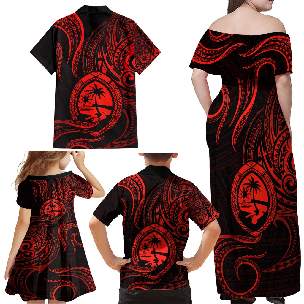 Polynesian Guam Coat of Arms Family Matching Off Shoulder Maxi Dress and Hawaiian Shirt Polynesian Tribal Tattoo Red Version LT9 - Polynesian Pride