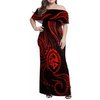 Polynesian Guam Coat of Arms Family Matching Off Shoulder Maxi Dress and Hawaiian Shirt Polynesian Tribal Tattoo Red Version LT9 Mom's Dress Red - Polynesian Pride
