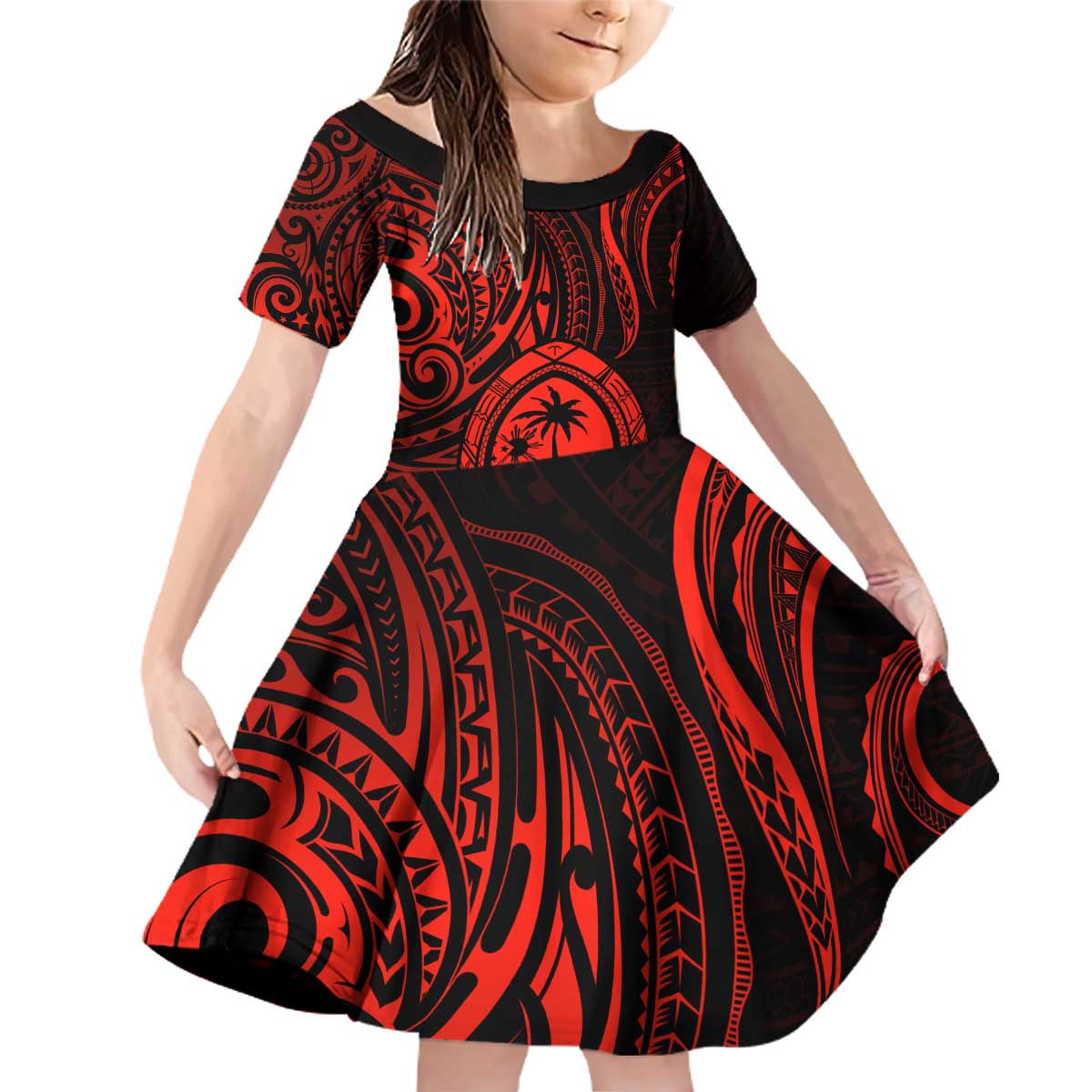 Polynesian Guam Coat of Arms Family Matching Off Shoulder Short Dress and Hawaiian Shirt Polynesian Tribal Tattoo Red Version LT9 Daughter's Dress Red - Polynesian Pride