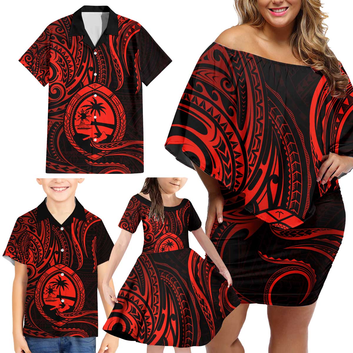 Polynesian Guam Coat of Arms Family Matching Off Shoulder Short Dress and Hawaiian Shirt Polynesian Tribal Tattoo Red Version LT9 - Polynesian Pride