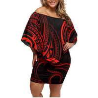 Polynesian Guam Coat of Arms Family Matching Off Shoulder Short Dress and Hawaiian Shirt Polynesian Tribal Tattoo Red Version LT9 Mom's Dress Red - Polynesian Pride
