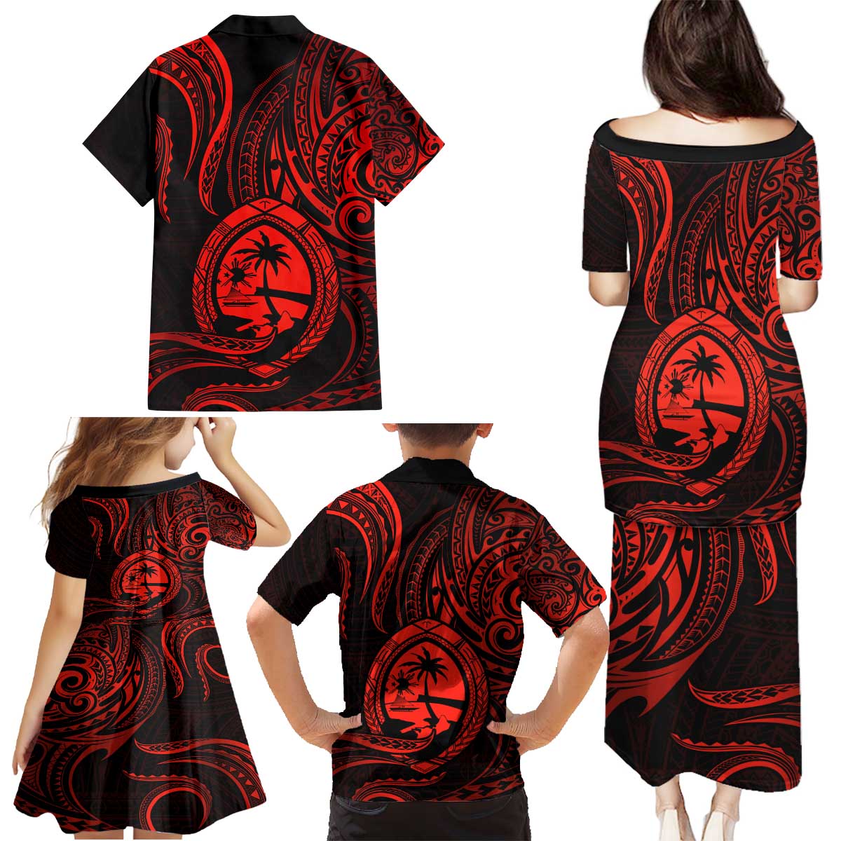 Polynesian Guam Coat of Arms Family Matching Puletasi and Hawaiian Shirt Polynesian Tribal Tattoo Red Version LT9 - Polynesian Pride