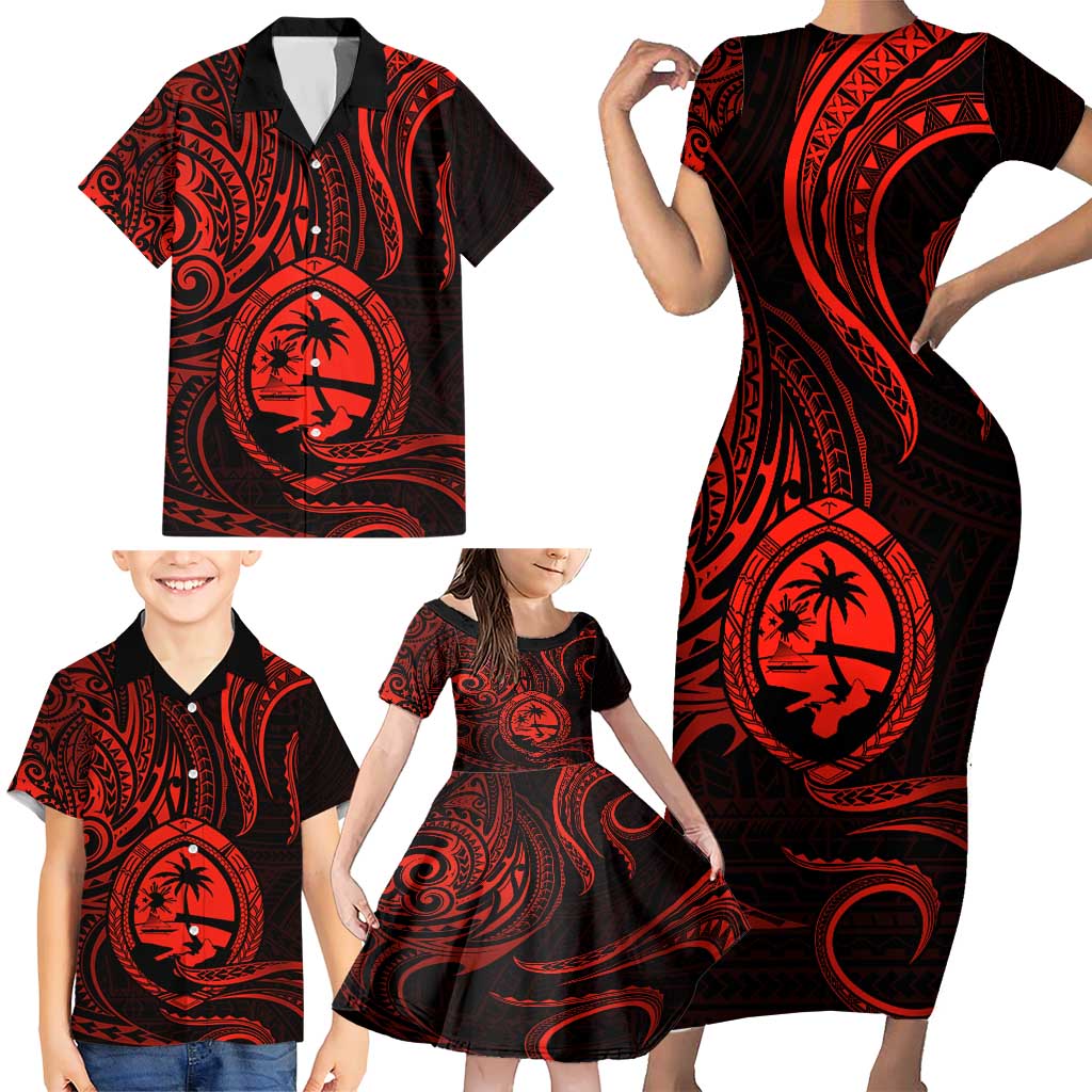 Polynesian Guam Coat of Arms Family Matching Short Sleeve Bodycon Dress and Hawaiian Shirt Polynesian Tribal Tattoo Red Version LT9 - Polynesian Pride