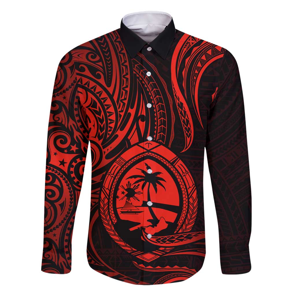 Polynesian Guam Coat of Arms Family Matching Summer Maxi Dress and Hawaiian Shirt Polynesian Tribal Tattoo Red Version LT9 Dad's Shirt - Long Sleeve Red - Polynesian Pride