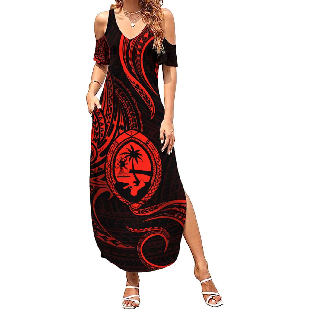 Polynesian Guam Coat of Arms Family Matching Summer Maxi Dress and Hawaiian Shirt Polynesian Tribal Tattoo Red Version LT9 Mom's Dress Red - Polynesian Pride