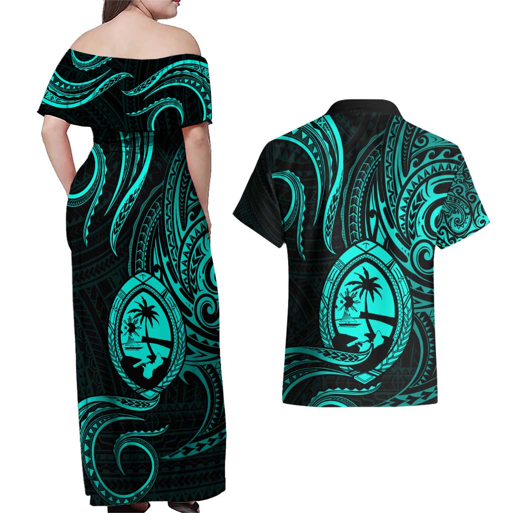 Polynesian Guam Coat of Arms Couples Matching Off Shoulder Maxi Dress and Hawaiian Shirt Polynesian Tribal Tattoo Turquoise Version LT9 - Polynesian Pride