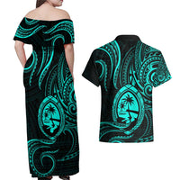 Polynesian Guam Coat of Arms Couples Matching Off Shoulder Maxi Dress and Hawaiian Shirt Polynesian Tribal Tattoo Turquoise Version LT9 - Polynesian Pride