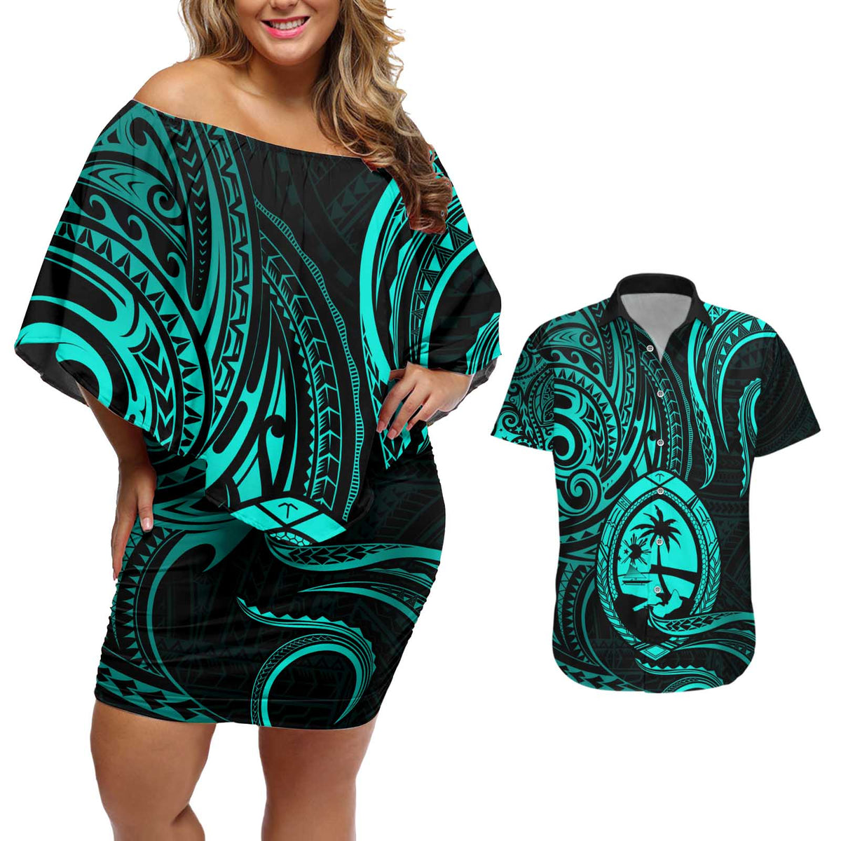Polynesian Guam Coat of Arms Couples Matching Off Shoulder Short Dress and Hawaiian Shirt Polynesian Tribal Tattoo Turquoise Version LT9 Turquoise - Polynesian Pride