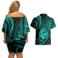 Polynesian Guam Coat of Arms Couples Matching Off Shoulder Short Dress and Hawaiian Shirt Polynesian Tribal Tattoo Turquoise Version LT9 - Polynesian Pride