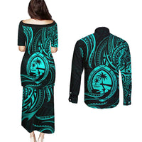 Polynesian Guam Coat of Arms Couples Matching Puletasi and Long Sleeve Button Shirt Polynesian Tribal Tattoo Turquoise Version