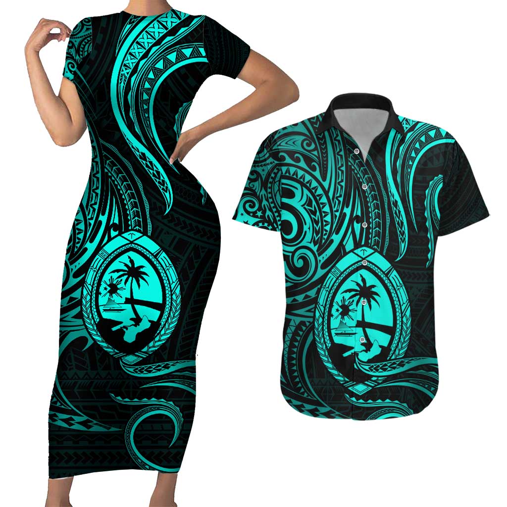 Polynesian Guam Coat of Arms Couples Matching Short Sleeve Bodycon Dress and Hawaiian Shirt Polynesian Tribal Tattoo Turquoise Version LT9 Turquoise - Polynesian Pride