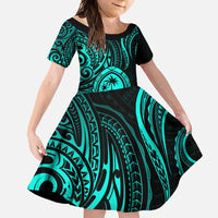 Polynesian Guam Coat of Arms Family Matching Long Sleeve Bodycon Dress and Hawaiian Shirt Polynesian Tribal Tattoo Turquoise Version LT9 Daughter's Dress Turquoise - Polynesian Pride