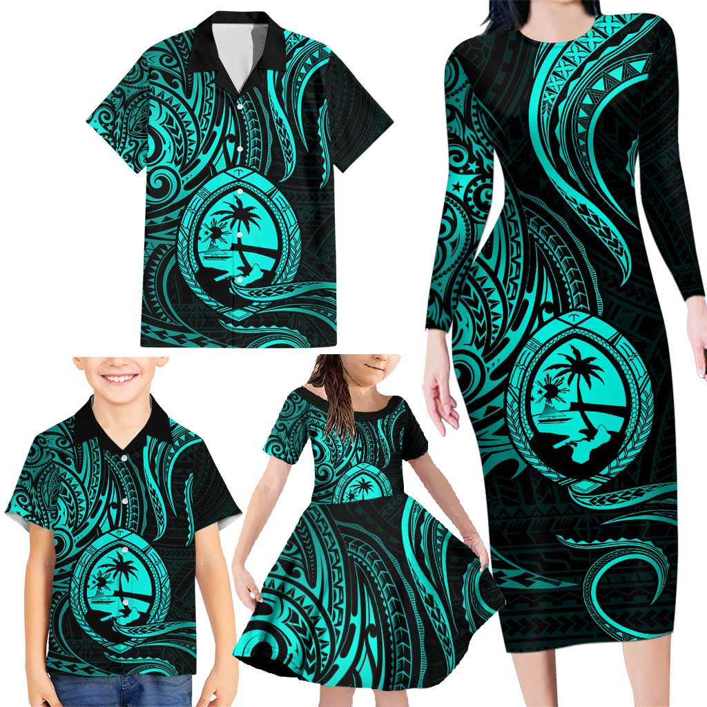 Polynesian Guam Coat of Arms Family Matching Long Sleeve Bodycon Dress and Hawaiian Shirt Polynesian Tribal Tattoo Turquoise Version LT9 - Polynesian Pride