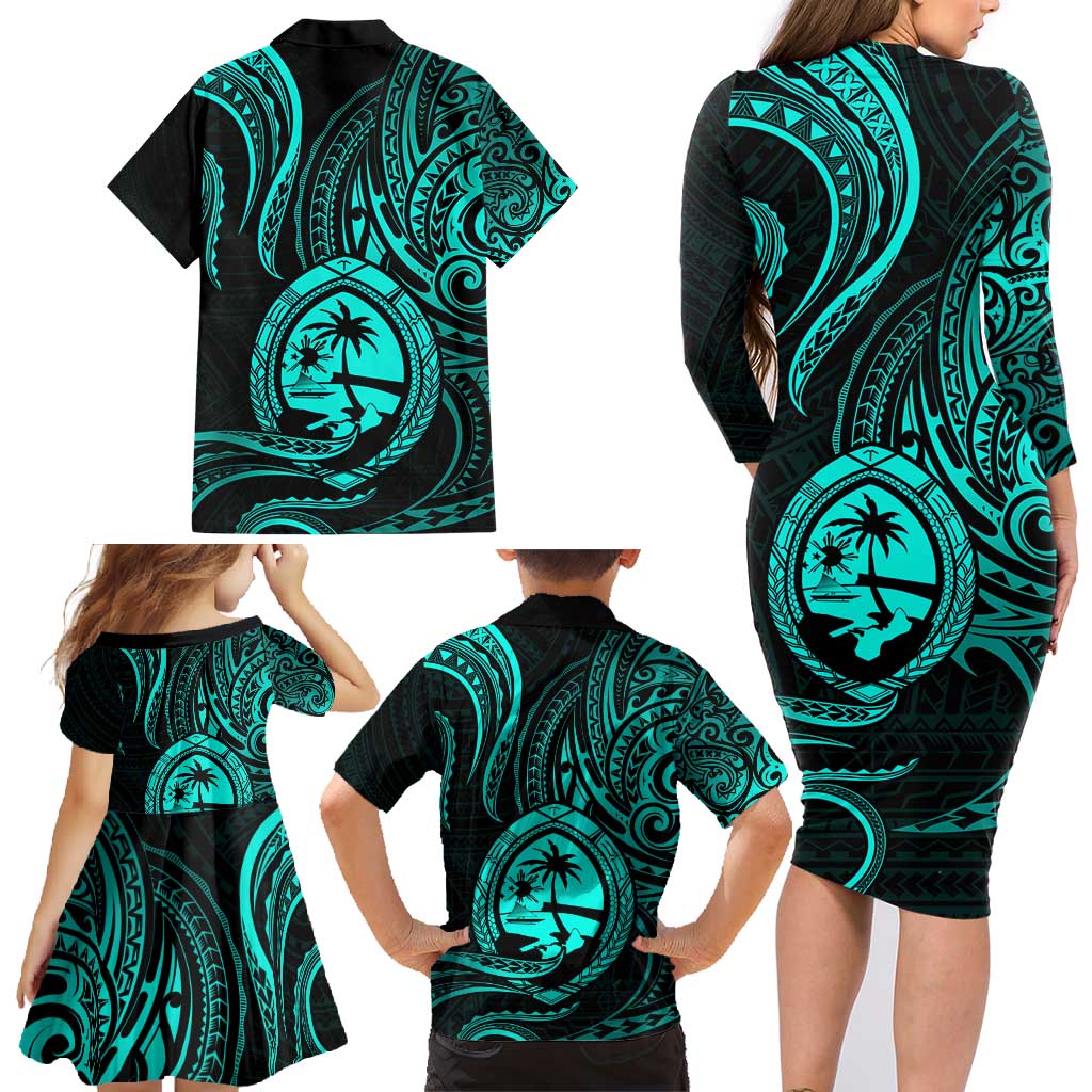 Polynesian Guam Coat of Arms Family Matching Long Sleeve Bodycon Dress and Hawaiian Shirt Polynesian Tribal Tattoo Turquoise Version LT9 - Polynesian Pride