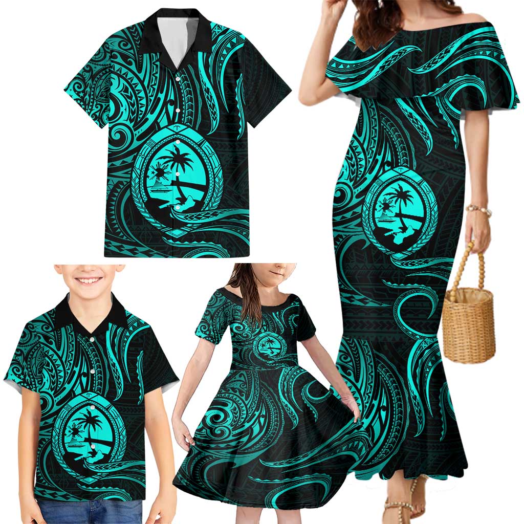Polynesian Guam Coat of Arms Family Matching Mermaid Dress and Hawaiian Shirt Polynesian Tribal Tattoo Turquoise Version LT9 - Polynesian Pride
