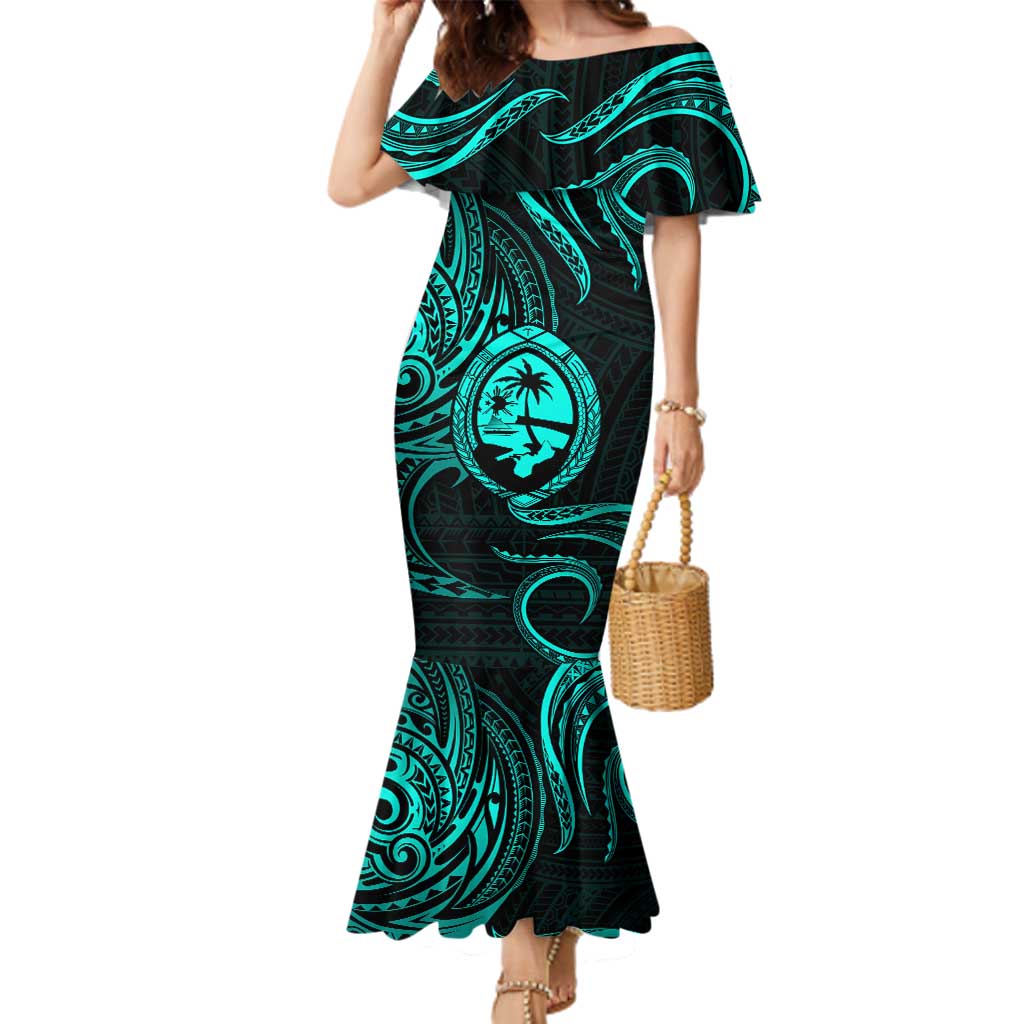 Polynesian Guam Coat of Arms Family Matching Mermaid Dress and Hawaiian Shirt Polynesian Tribal Tattoo Turquoise Version LT9 Mom's Dress Turquoise - Polynesian Pride