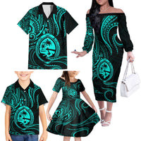 Polynesian Guam Coat of Arms Family Matching Off The Shoulder Long Sleeve Dress and Hawaiian Shirt Polynesian Tribal Tattoo Turquoise Version LT9 - Polynesian Pride