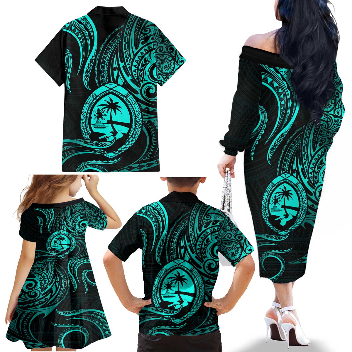 Polynesian Guam Coat of Arms Family Matching Off The Shoulder Long Sleeve Dress and Hawaiian Shirt Polynesian Tribal Tattoo Turquoise Version LT9 - Polynesian Pride