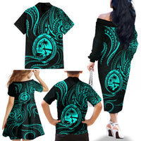 Polynesian Guam Coat of Arms Family Matching Off The Shoulder Long Sleeve Dress and Hawaiian Shirt Polynesian Tribal Tattoo Turquoise Version LT9 - Polynesian Pride