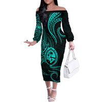 Polynesian Guam Coat of Arms Family Matching Off The Shoulder Long Sleeve Dress and Hawaiian Shirt Polynesian Tribal Tattoo Turquoise Version LT9 Mom's Dress Turquoise - Polynesian Pride