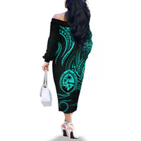 Polynesian Guam Coat of Arms Family Matching Off The Shoulder Long Sleeve Dress and Hawaiian Shirt Polynesian Tribal Tattoo Turquoise Version LT9 - Polynesian Pride