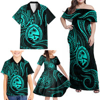 Polynesian Guam Coat of Arms Family Matching Off Shoulder Maxi Dress and Hawaiian Shirt Polynesian Tribal Tattoo Turquoise Version LT9 - Polynesian Pride