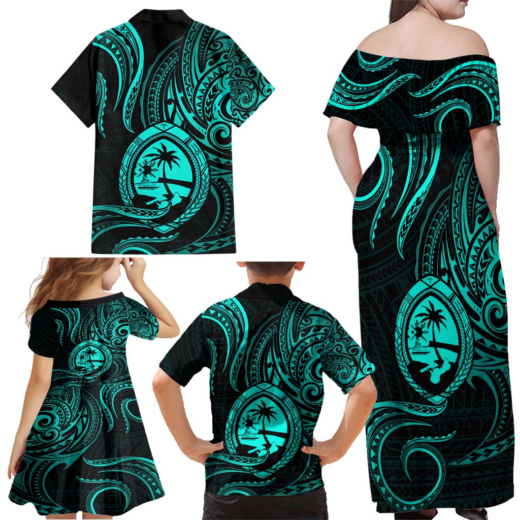 Polynesian Guam Coat of Arms Family Matching Off Shoulder Maxi Dress and Hawaiian Shirt Polynesian Tribal Tattoo Turquoise Version LT9 - Polynesian Pride