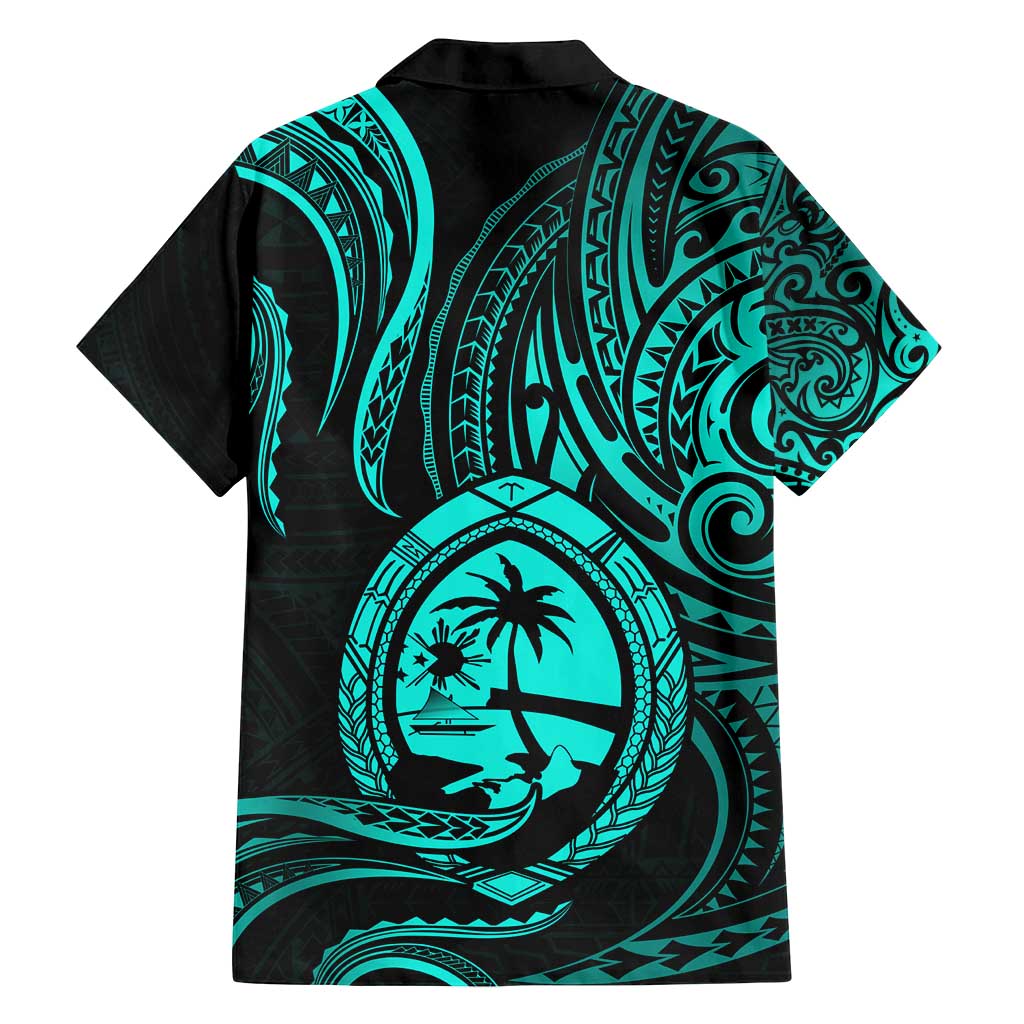 Polynesian Guam Coat of Arms Family Matching Off Shoulder Maxi Dress and Hawaiian Shirt Polynesian Tribal Tattoo Turquoise Version LT9 - Polynesian Pride