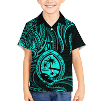 Polynesian Guam Coat of Arms Family Matching Off Shoulder Maxi Dress and Hawaiian Shirt Polynesian Tribal Tattoo Turquoise Version LT9 Son's Shirt Turquoise - Polynesian Pride