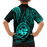 Polynesian Guam Coat of Arms Family Matching Off Shoulder Short Dress and Hawaiian Shirt Polynesian Tribal Tattoo Turquoise Version LT9 - Polynesian Pride