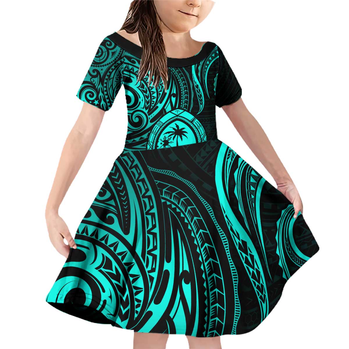Polynesian Guam Coat of Arms Family Matching Off Shoulder Short Dress and Hawaiian Shirt Polynesian Tribal Tattoo Turquoise Version LT9 Daughter's Dress Turquoise - Polynesian Pride
