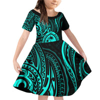 Polynesian Guam Coat of Arms Family Matching Off Shoulder Short Dress and Hawaiian Shirt Polynesian Tribal Tattoo Turquoise Version LT9 Daughter's Dress Turquoise - Polynesian Pride