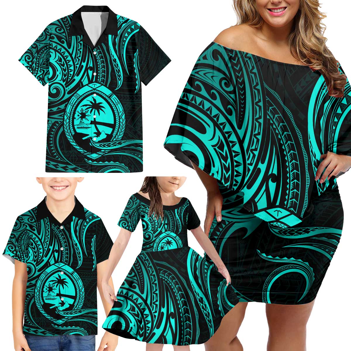 Polynesian Guam Coat of Arms Family Matching Off Shoulder Short Dress and Hawaiian Shirt Polynesian Tribal Tattoo Turquoise Version LT9 - Polynesian Pride