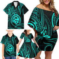 Polynesian Guam Coat of Arms Family Matching Off Shoulder Short Dress and Hawaiian Shirt Polynesian Tribal Tattoo Turquoise Version LT9 - Polynesian Pride