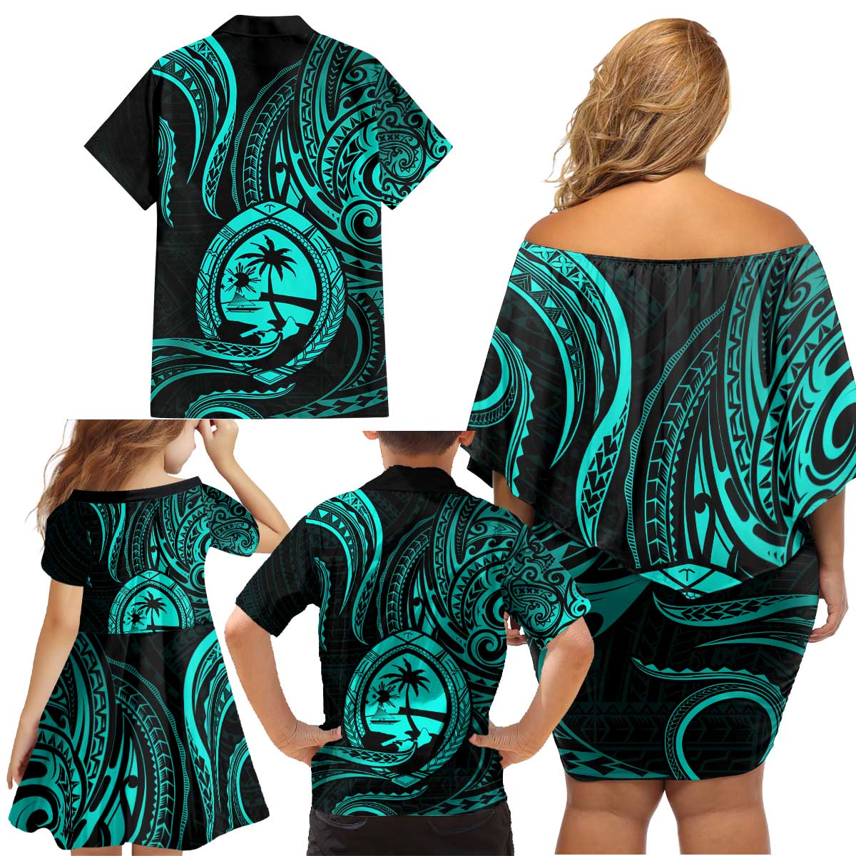 Polynesian Guam Coat of Arms Family Matching Off Shoulder Short Dress and Hawaiian Shirt Polynesian Tribal Tattoo Turquoise Version LT9 - Polynesian Pride